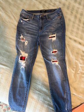 Judy Blue Distressed Blue Women’s Jeans with Red Plaid Patch Detail
